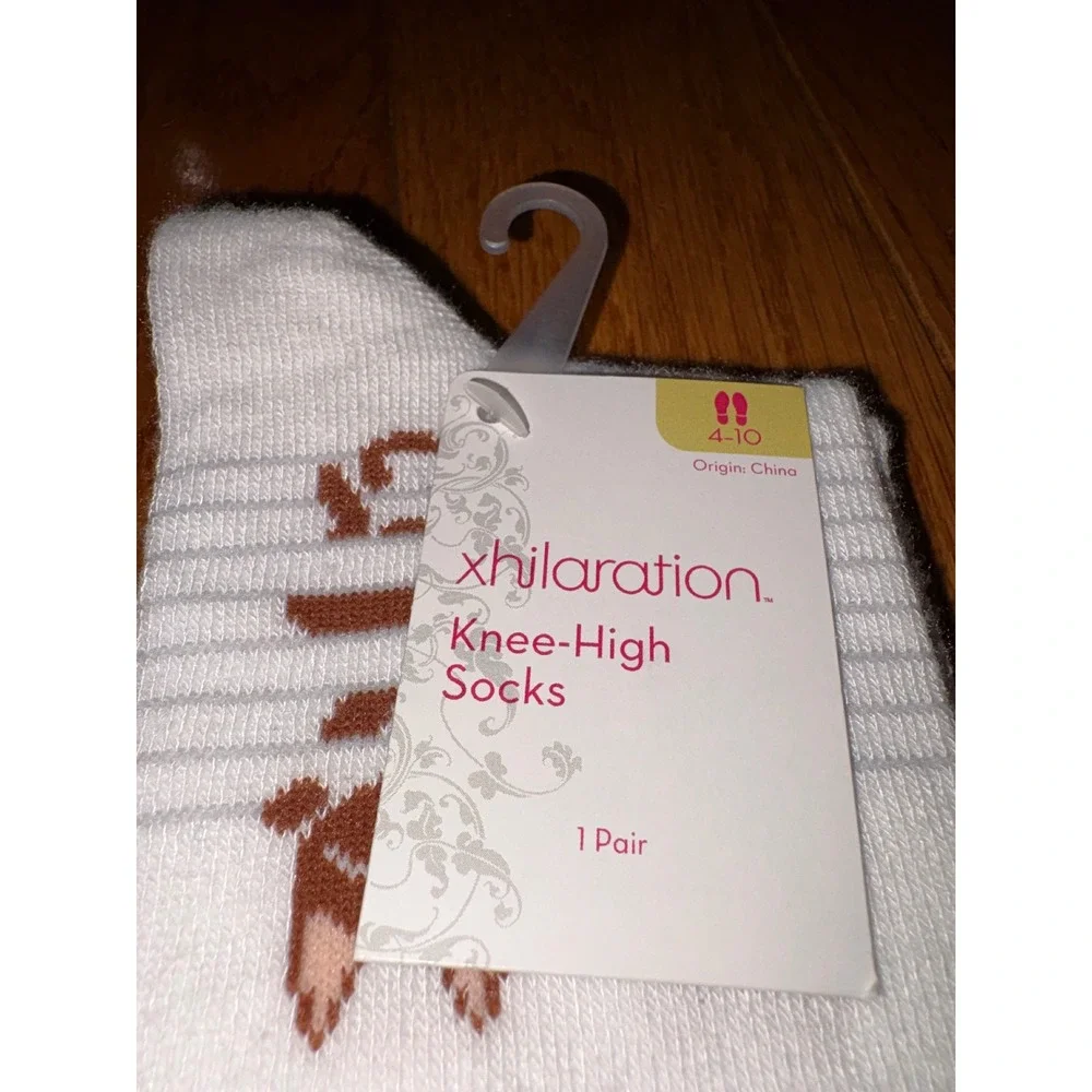 Xhilaration Womens White Knee High Socks Cat Print Animal Novelty Size 4-10‎ NEW